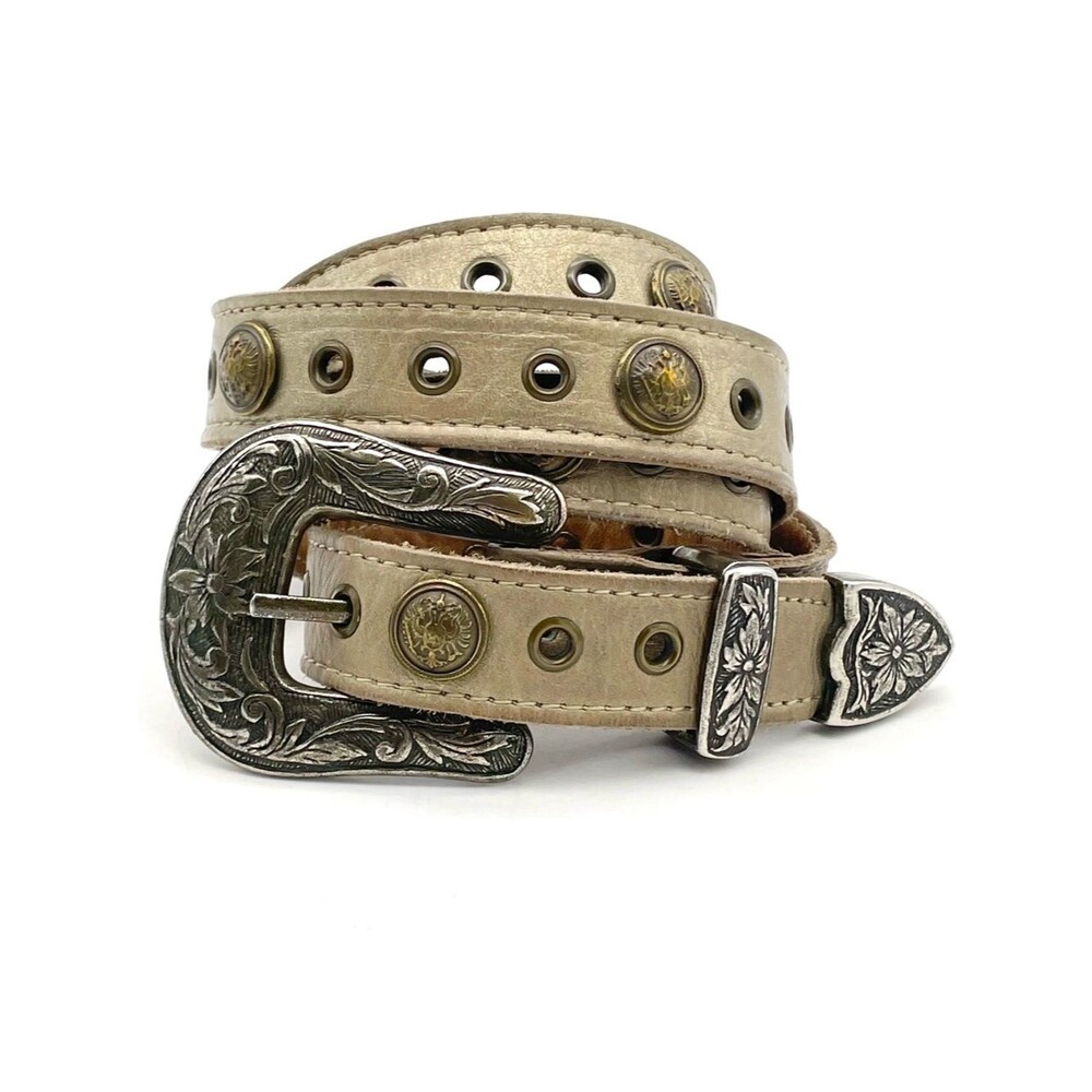 Vintage Western Leather Belt Taupe Tan Studded Floral Engraved Buckle Size XL